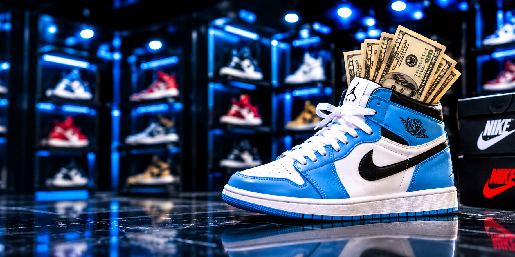 Blue and white sneaker with cash in a sneaker showroom